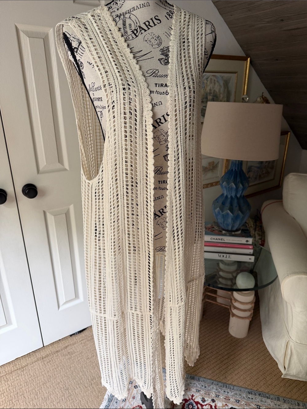 POL White Crochet Long Vest